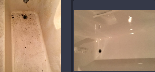 There is a before and after picture of a bathtub.