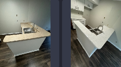 A before and after photo of a kitchen with a sink.