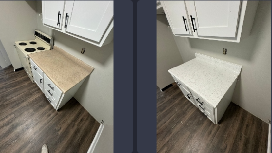 A before and after photo of a kitchen with a stove and cabinets.