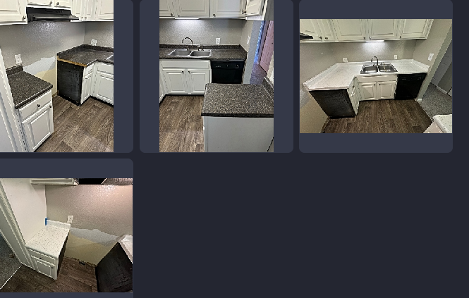 A collage of four pictures of a kitchen with granite counter tops and white cabinets.
