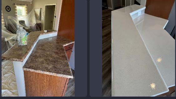 Two pictures of a kitchen counter before and after being painted.