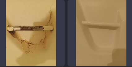 There is a before and after picture of a shower door.