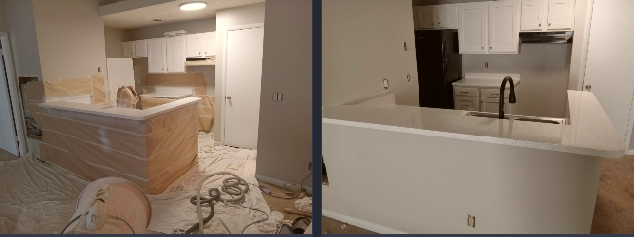 A before and after photo of a kitchen being remodeled.