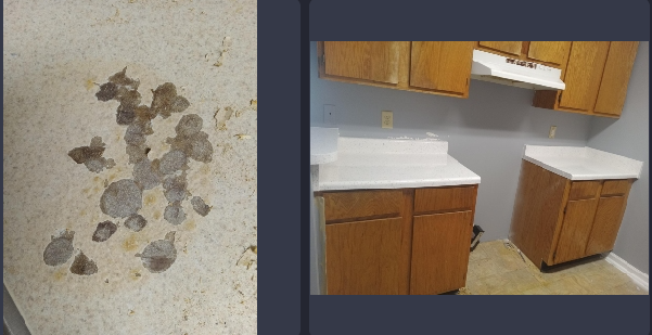 A kitchen with a dirty counter top and a clean counter top