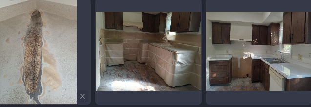 A collage of three pictures of a kitchen with a hole in the wall.