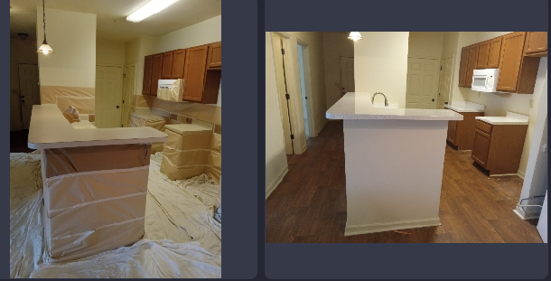 A before and after photo of a kitchen being remodeled