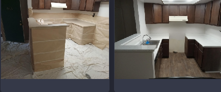 A before and after photo of a kitchen being remodeled.