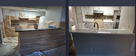 A before and after picture of a kitchen being remodeled.