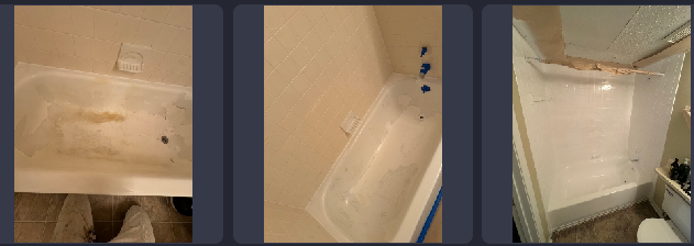A before and after picture of a bathroom with a bathtub and shower.