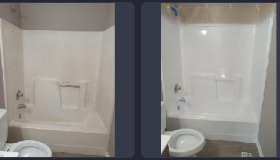 A before and after picture of a bathroom with a bathtub and toilet.