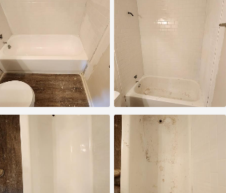 A collage of four pictures of a bathroom with a bathtub and toilet.
