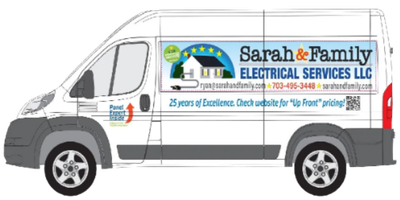 White electrical service van with “Sarah Family Electrical Services LLC” logo and contact information on the side