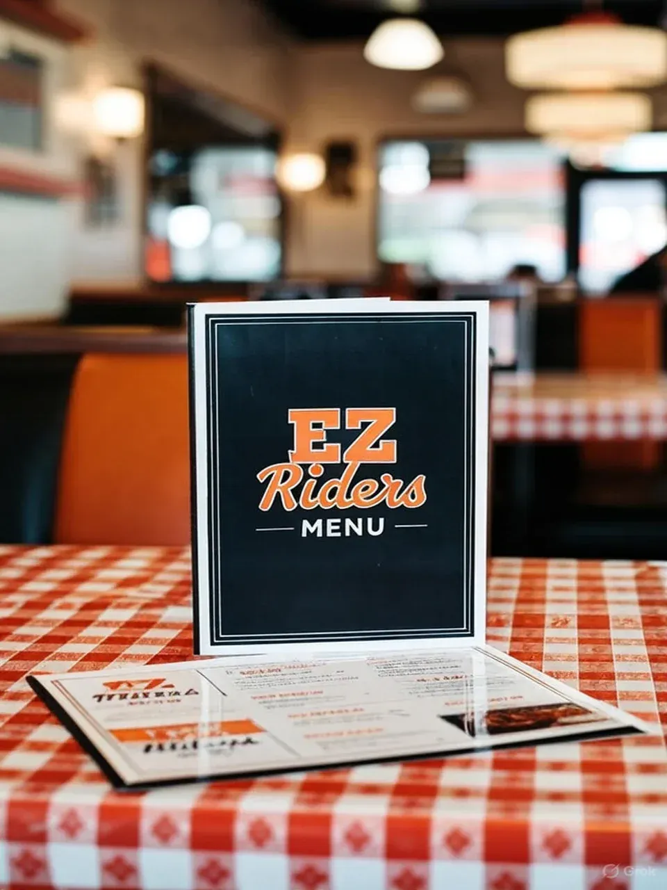 Menu on a checkered tablecloth at EZ Riders Pizza. 