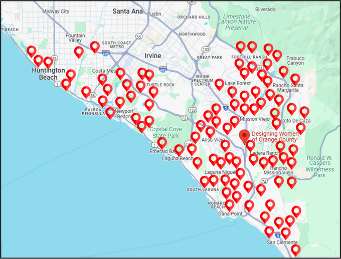 A map of a city with lots of red pins on it.