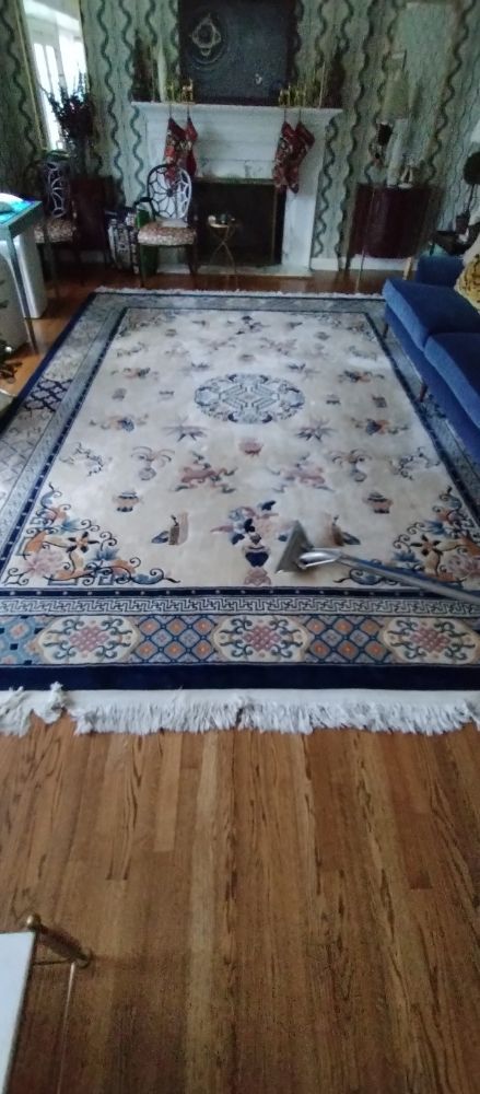 A living room with a large rug on the floor and a fireplace.