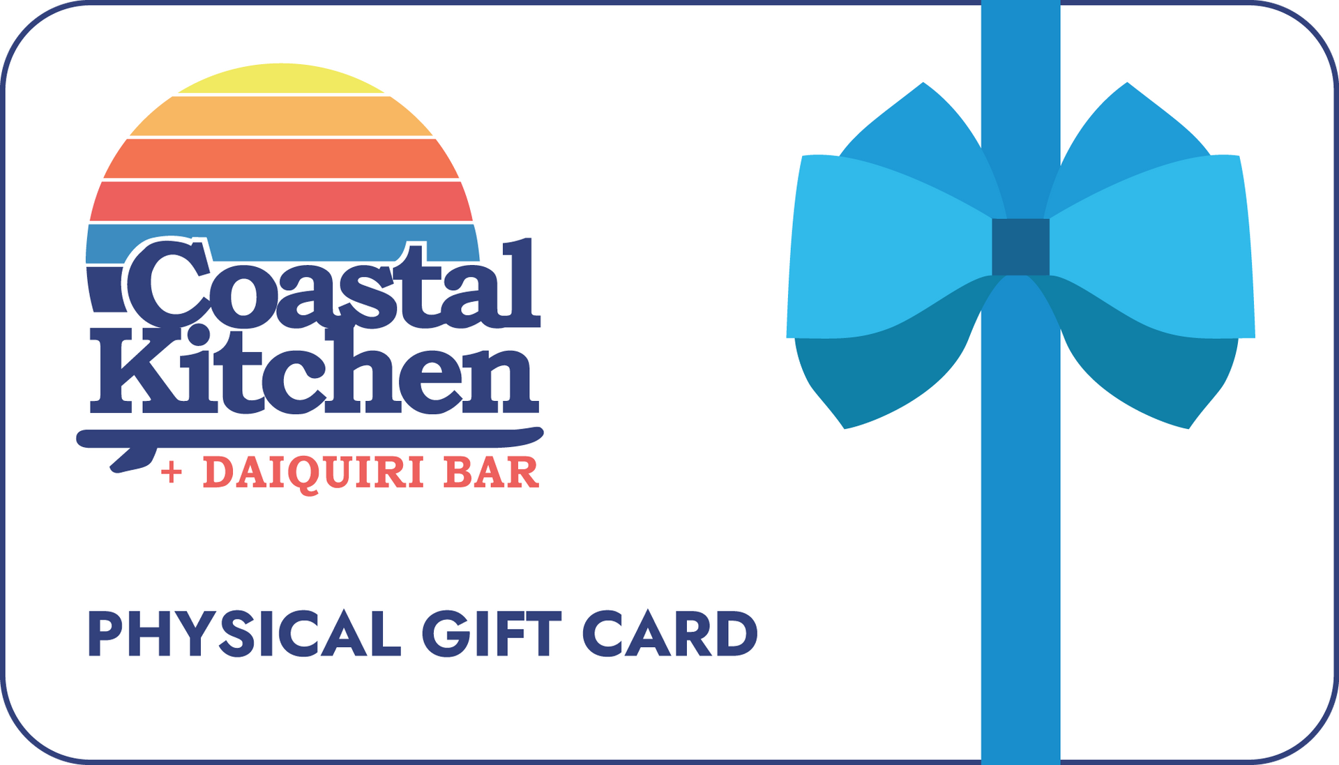 A coastal kitchen gift card with a blue bow.