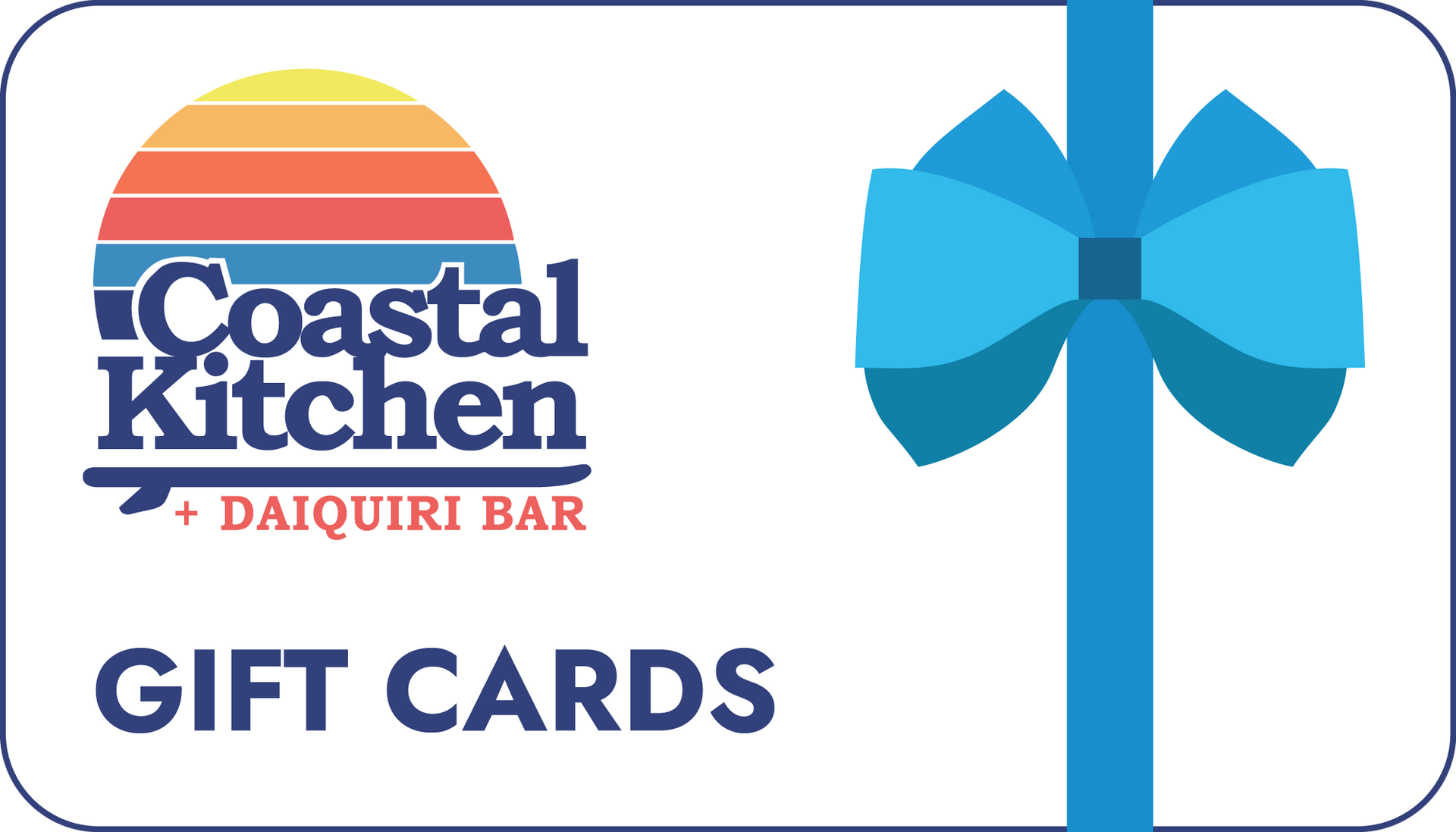 A coastal kitchen gift card with a blue bow.