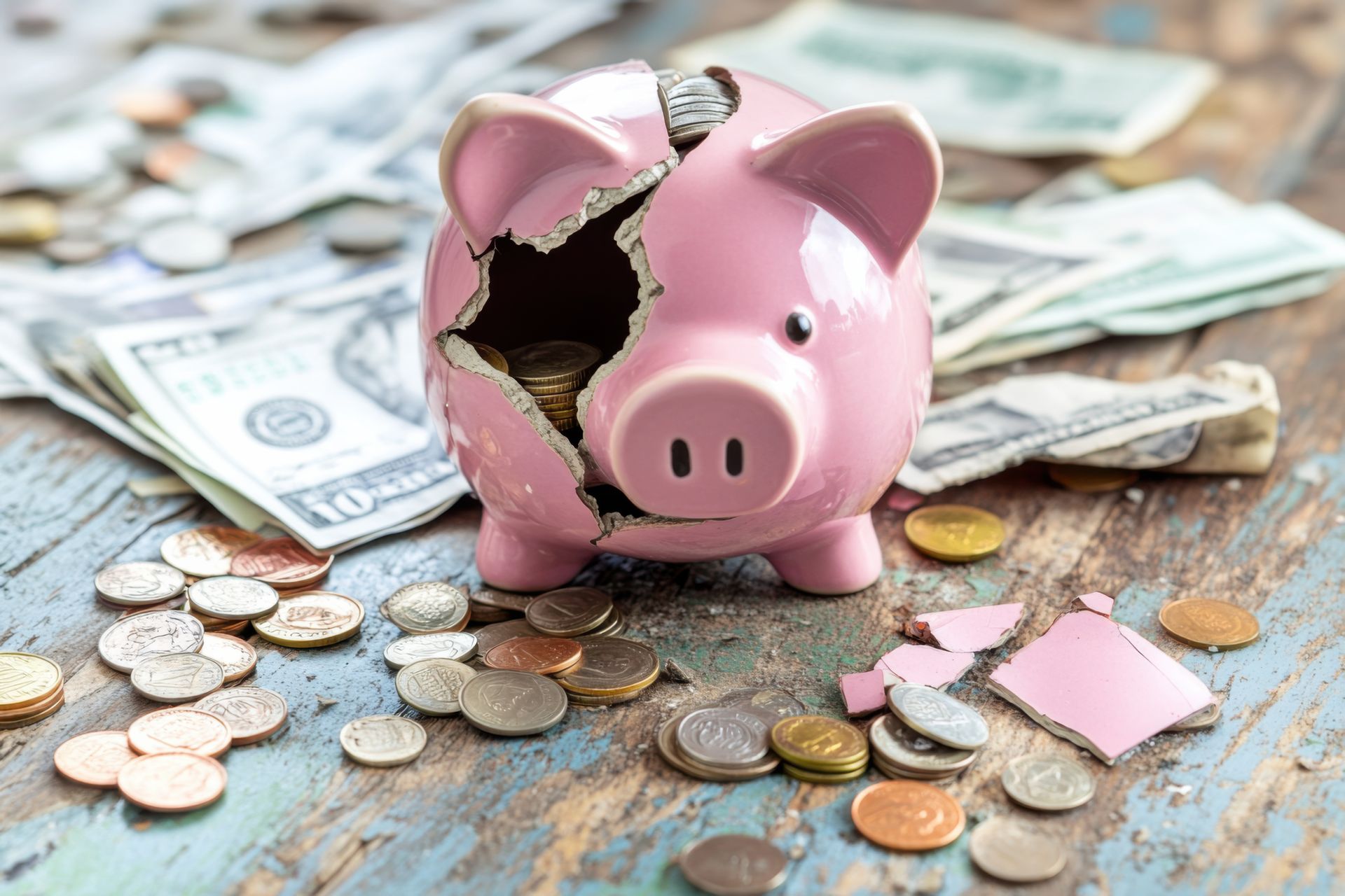 A broken piggy bank surrounded by coins and money on a wooden table.