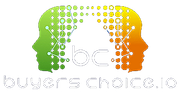 The logo for buyers choice.io is a silhouette of two people 's heads surrounded by dots.