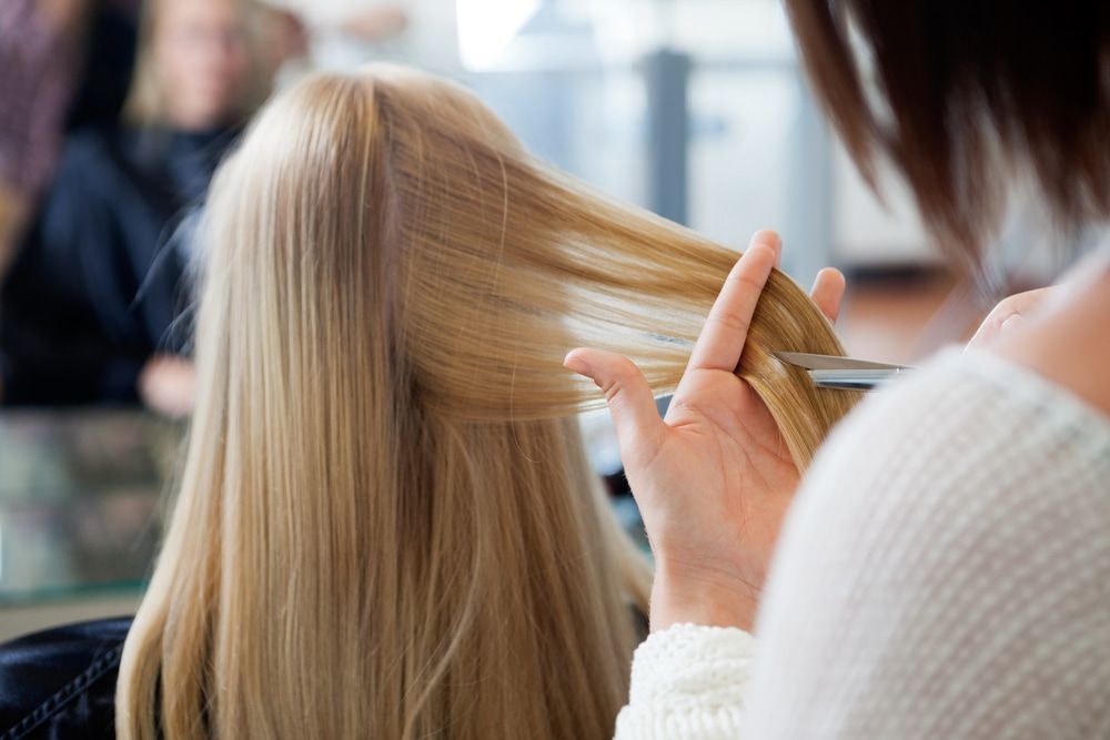 A Woman is Getting Her Hair Cut by a Hairdresser in a Salon — Talking Heads Hair Design in Gympie, QLD