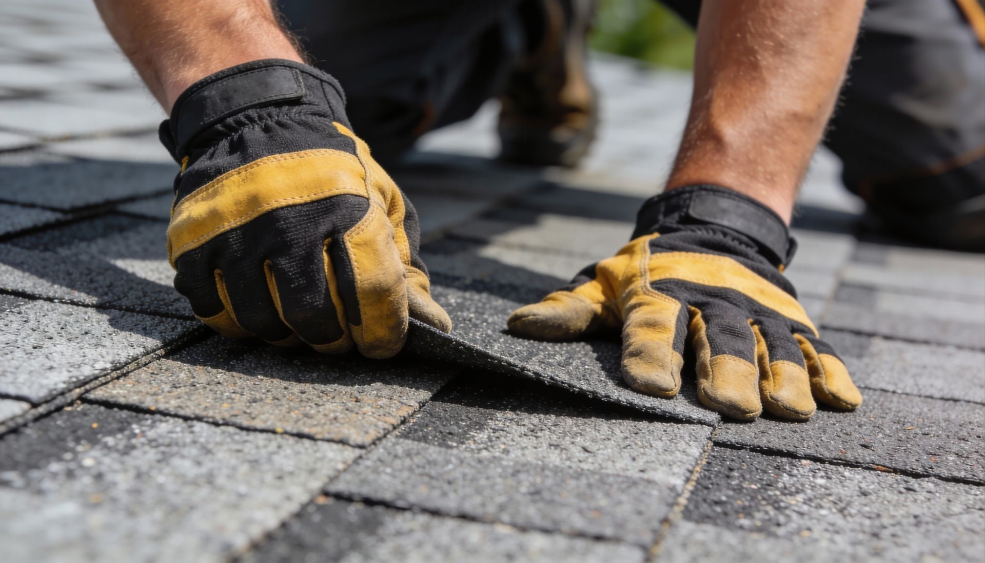 Close-up of a roofer wearing work gloves repairing asphalt shingles on a residential roof.