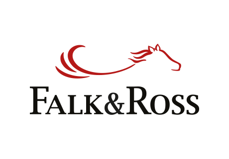Logo Falk & Ross raffigurante la sagoma di una testa di cavallo rossa e una criniera fluente sopra il testo nero.