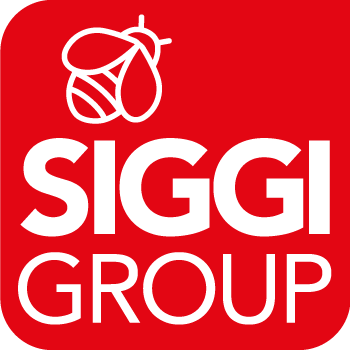 Logo per Siggi Group: testo bianco e icona a forma di ape su sfondo rosso.