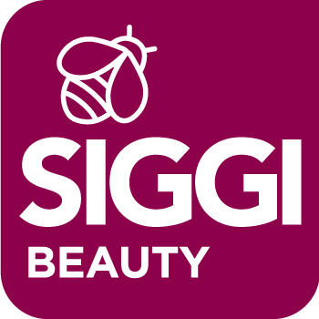 Logo per Siggi Beauty: icona a forma di ape bianca e testo "SIGGI BEAUTY" su sfondo magenta.