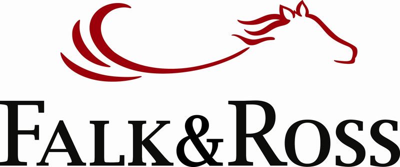 Logo per Falk & Ross, raffigurante una testa di cavallo rossa stilizzata sopra un testo nero.
