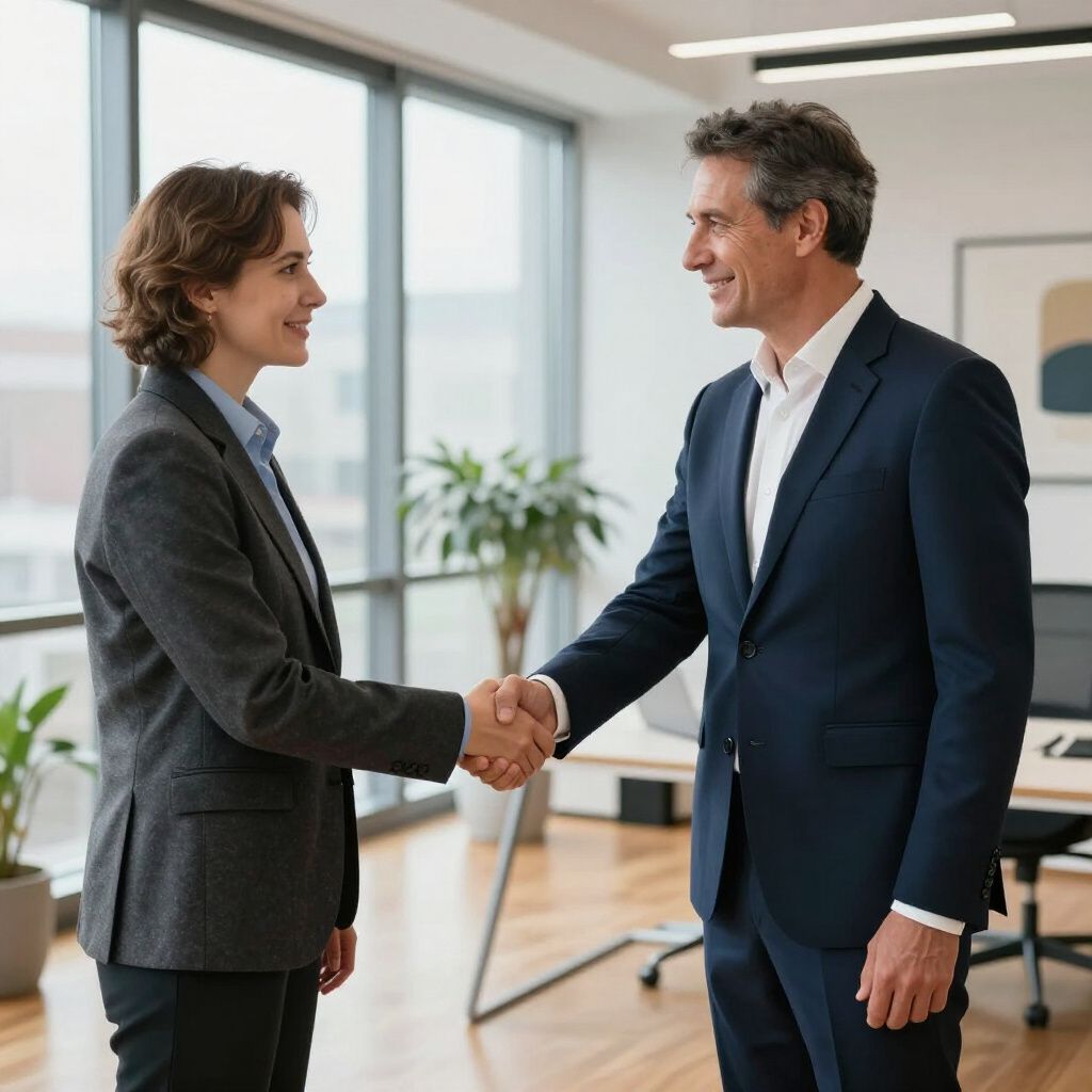 Two people shaking hands in an office setting, smiling. Both are wearing suits.