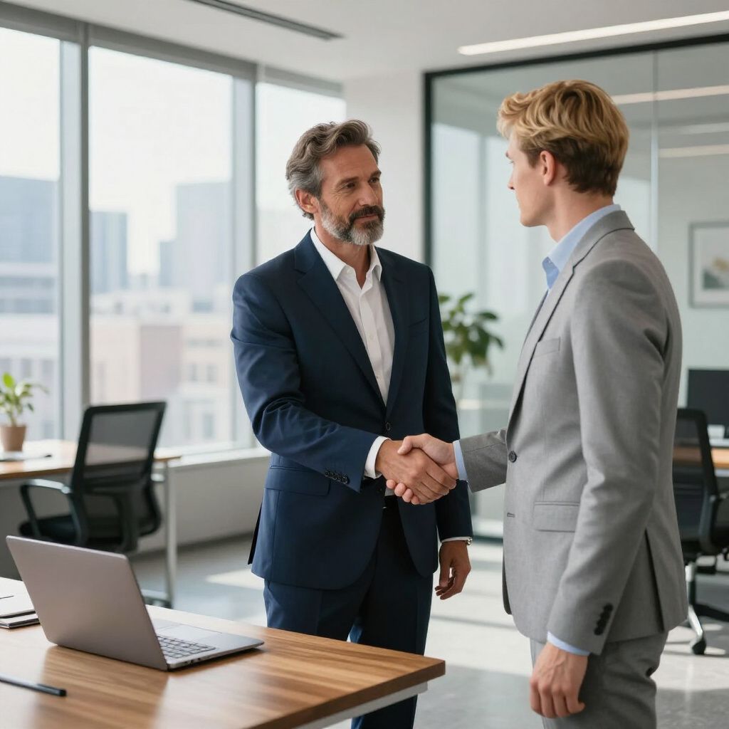 Two men in suits shaking hands in an office, smiling, laptop on desk.