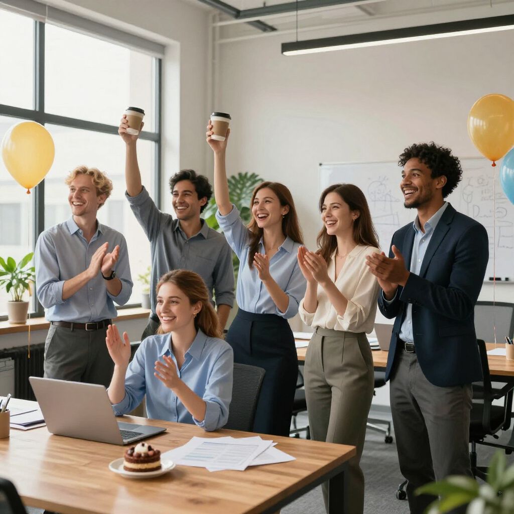Office workers celebrate, clapping, holding coffee cups and balloons.