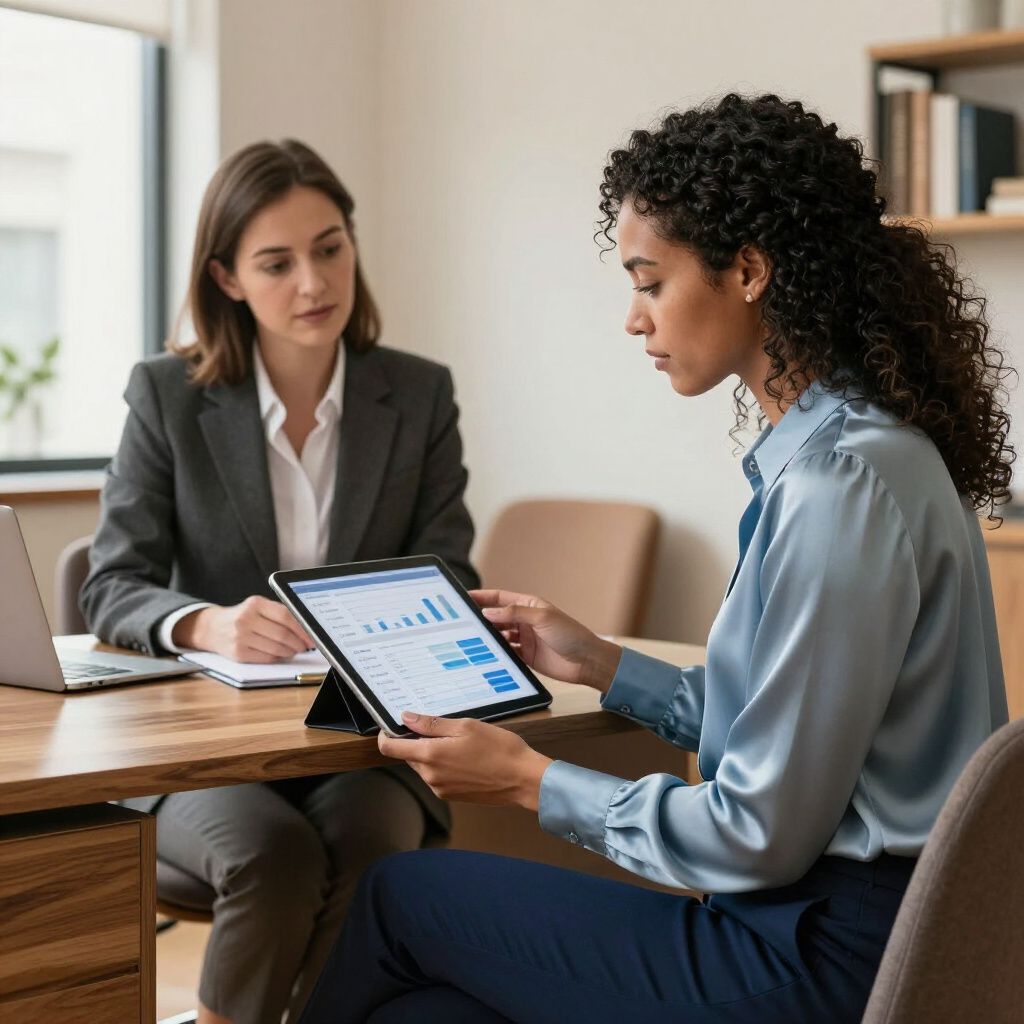Two women in business attire reviewing data on a tablet at a desk.