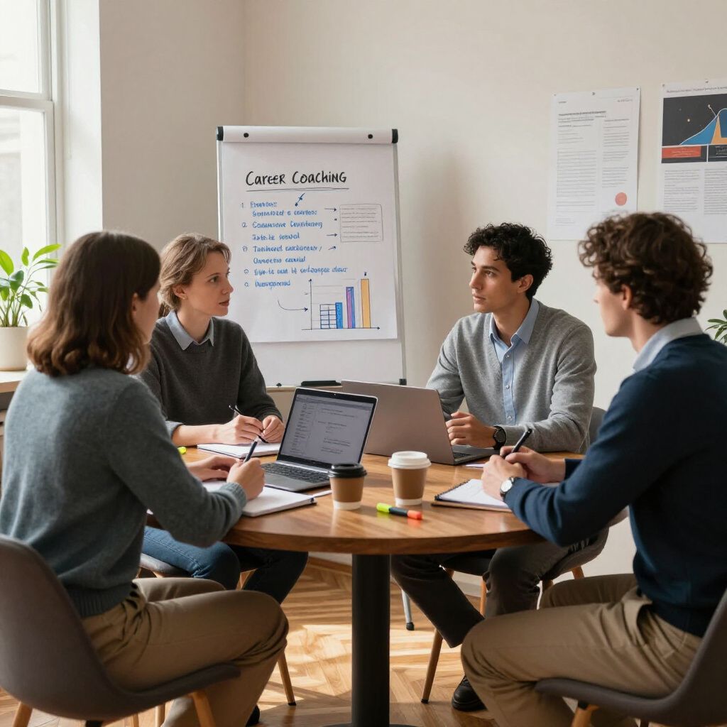 Four people in a meeting around a table, looking at laptops and a whiteboard with charts, discussing.