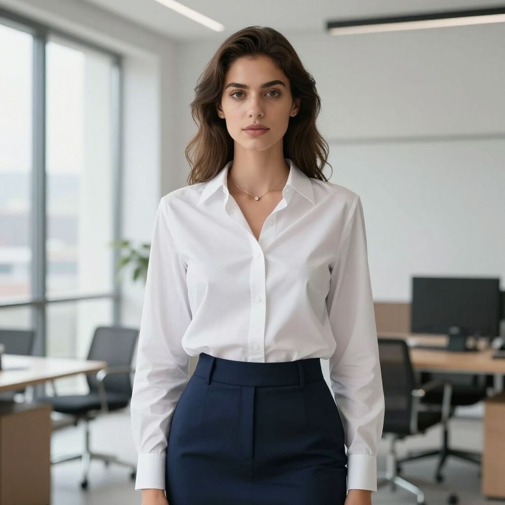 Woman in a white button-down shirt and blue skirt stands in an office setting.