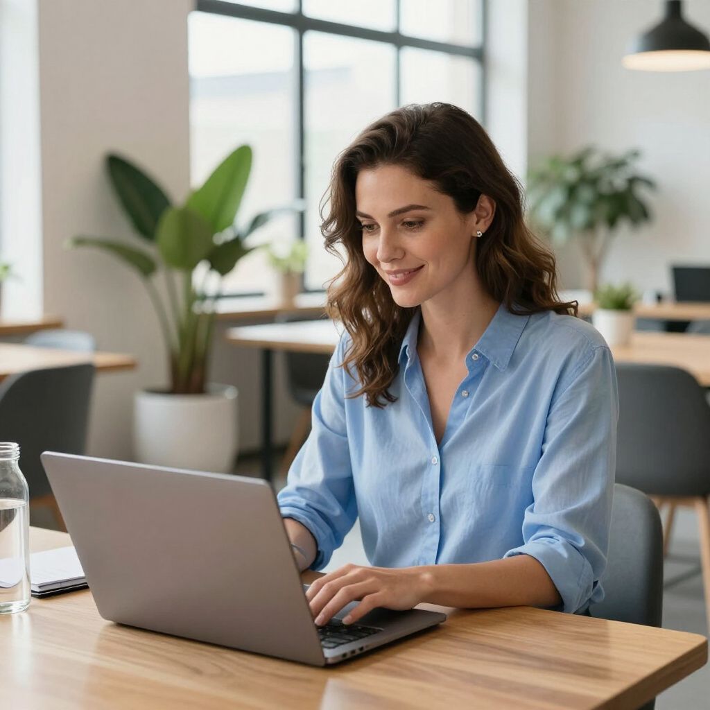 Woman in blue shirt typing on laptop at wooden desk near window and plants.