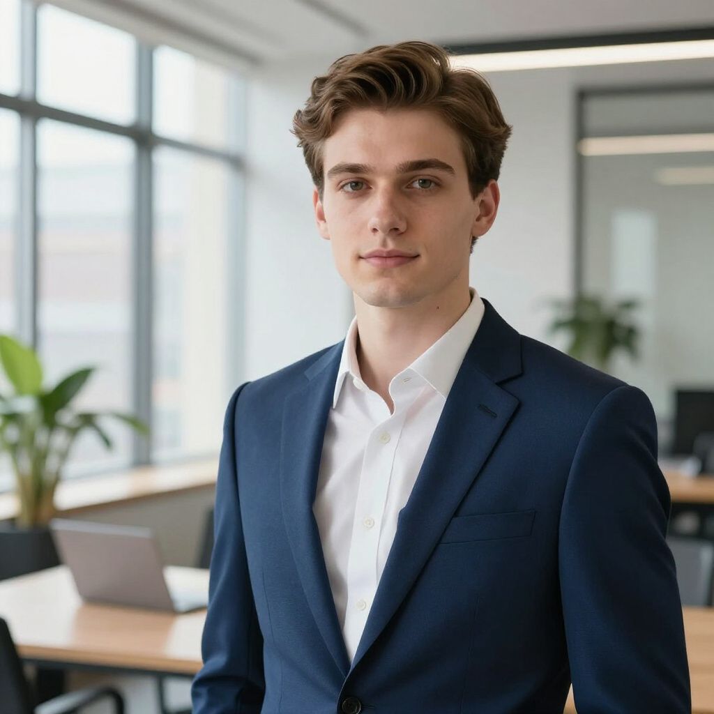 Young man in a navy suit and white shirt, standing in an office with a serious expression.