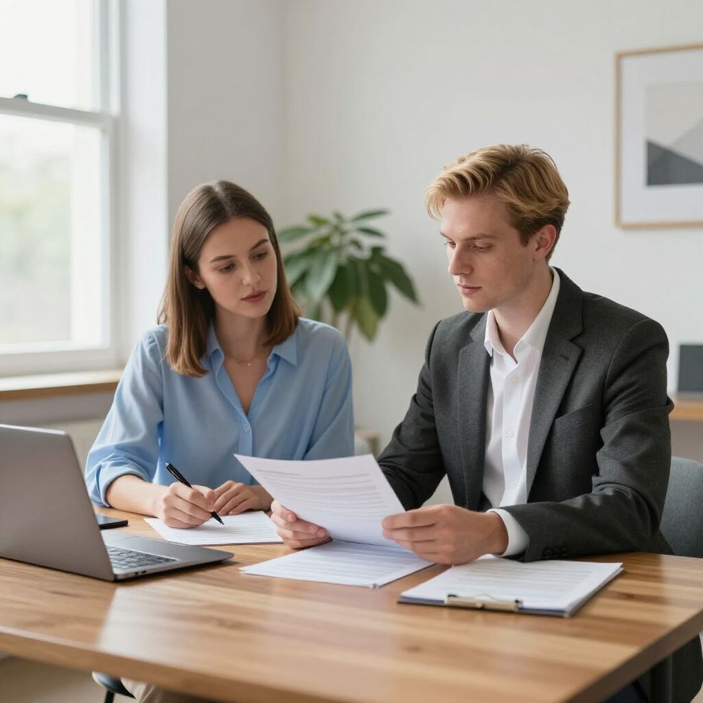 Woman and man reviewing documents at a table. The man is holding papers, the woman is writing.