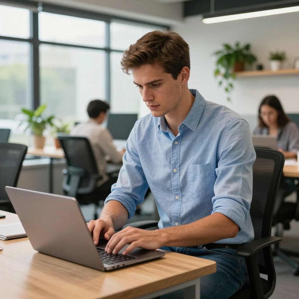 Man in blue shirt typing on laptop at office desk, focused expression. Other people visible in background.