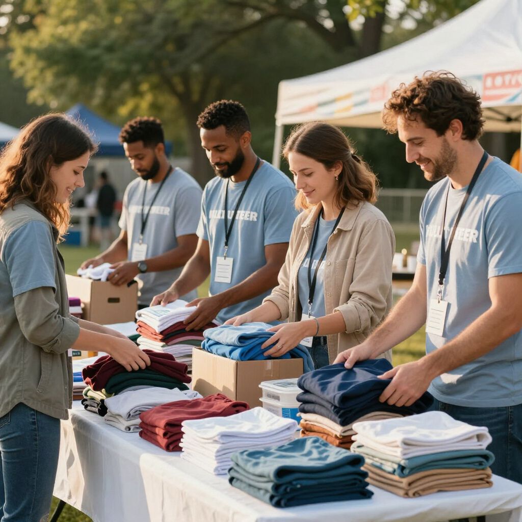 People volunteering outdoors, sorting and folding clothes at a table; tents in the background.