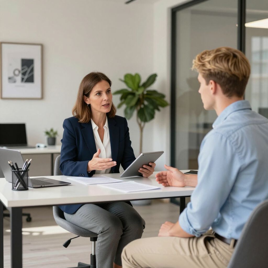 Woman interviewing a man at a desk, holding a tablet. Office setting with documents and laptop.