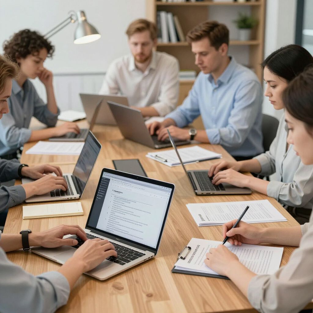 People working on laptops at a table in an office, some writing notes, under a desk lamp.