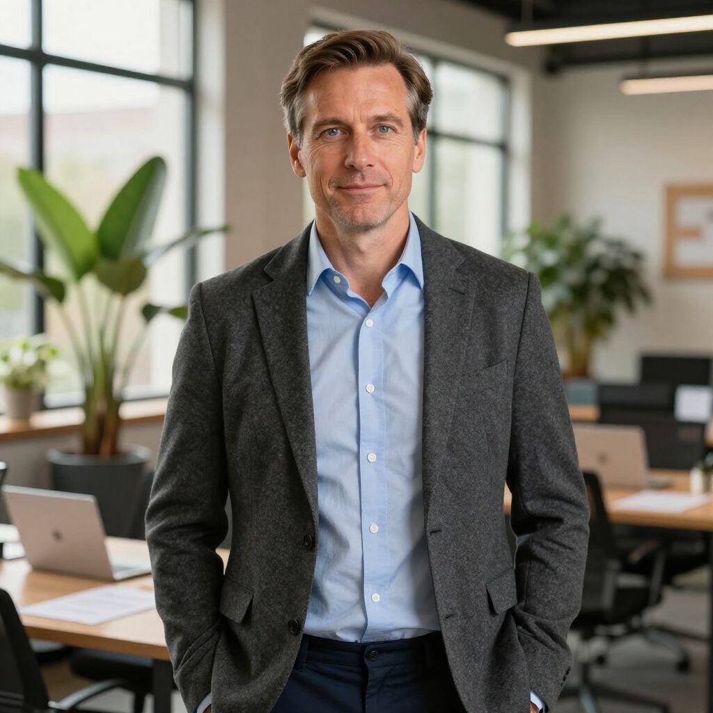 Man in a blue shirt and gray blazer in an office setting, hands in pockets, smiling.