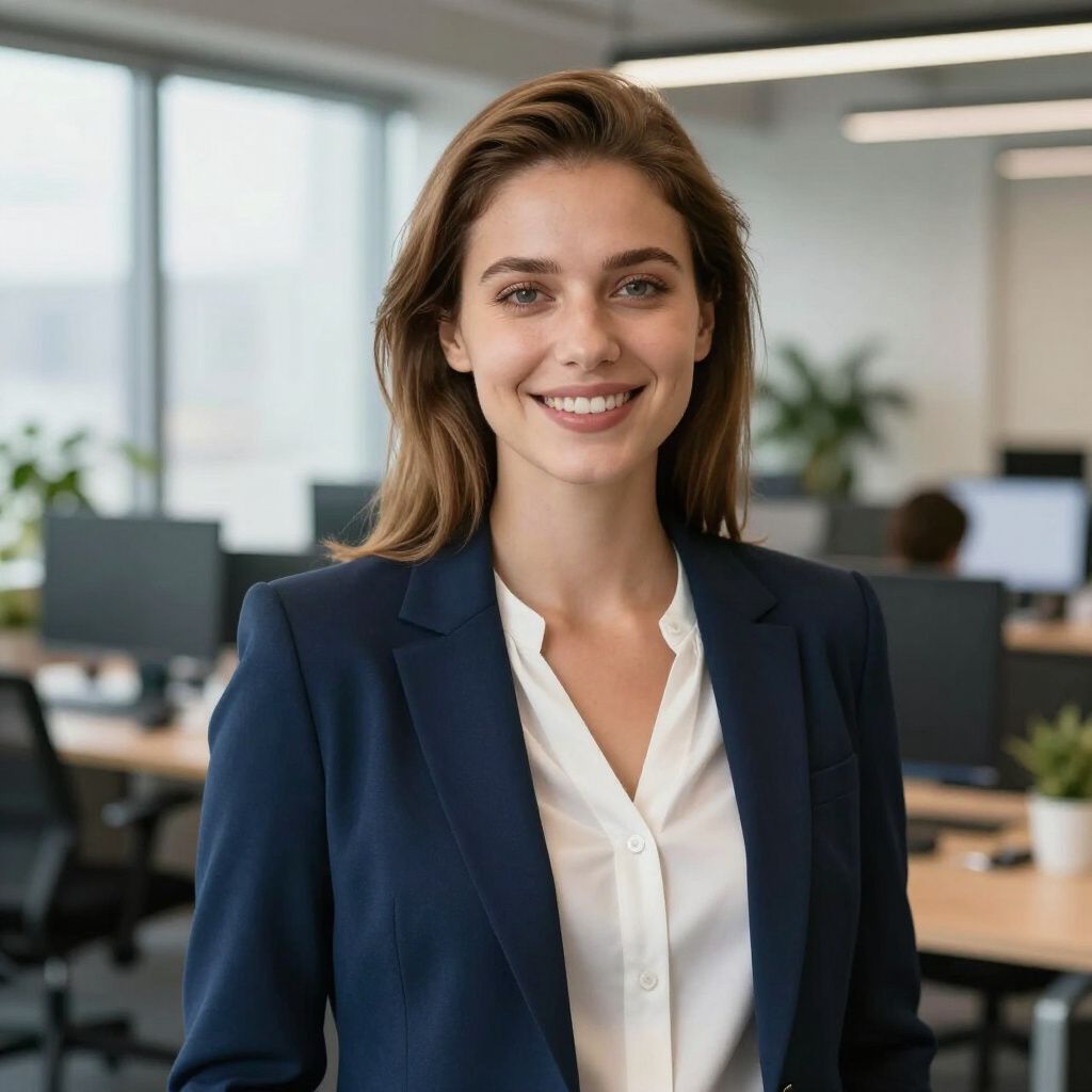 Woman in a navy blazer and white shirt smiles in an office setting.