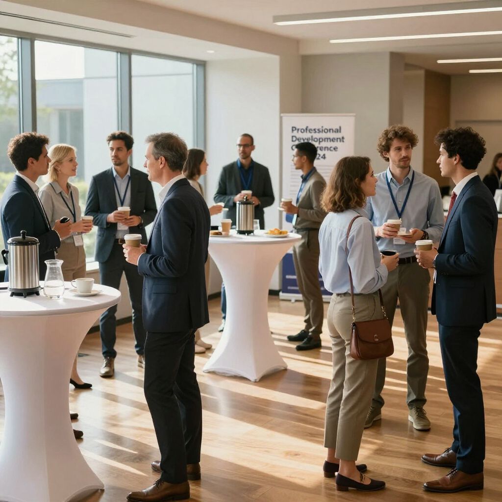 People networking at a conference, holding coffee, talking near high tables. White walls, large windows.