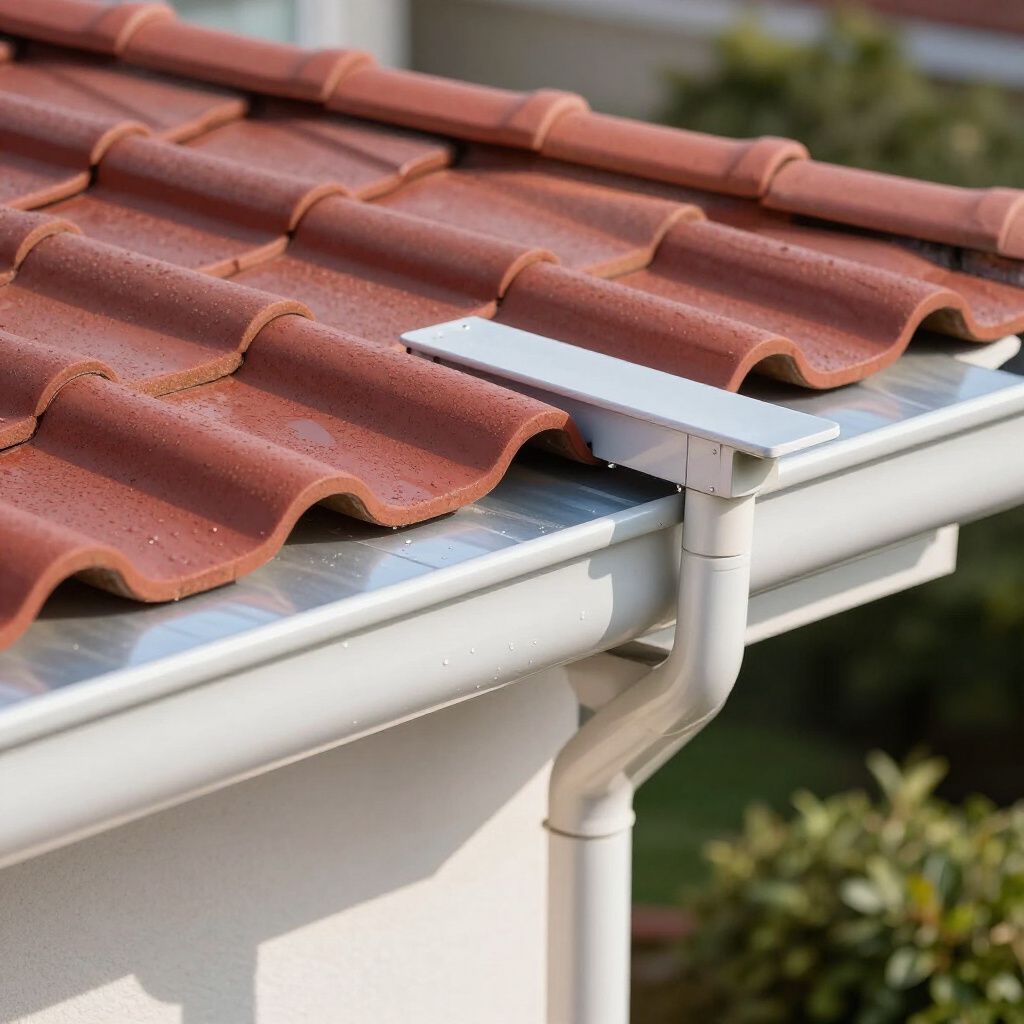 Toiture en tuiles brunes avec système de gouttières blanches, extérieur.