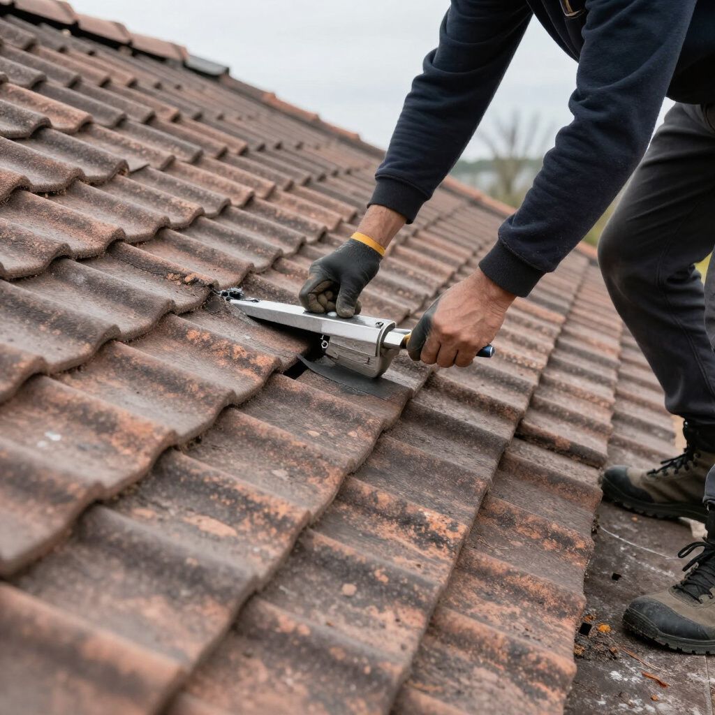 Couvreur sur un toit de tuiles en terre cuite, utilisant un outil pour effectuer des réparations. Vêtements sombres, gants noirs, ciel couvert.