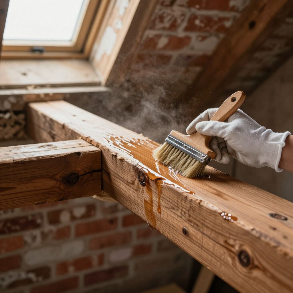 Une personne portant des gants applique du mastic sur une poutre en bois à l'aide d'un pinceau dans un grenier.