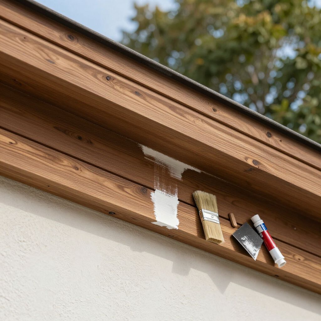 Application d'un mastic blanc sur les moulures en bois de l'extérieur d'un bâtiment à l'aide d'un pinceau et d'outils.