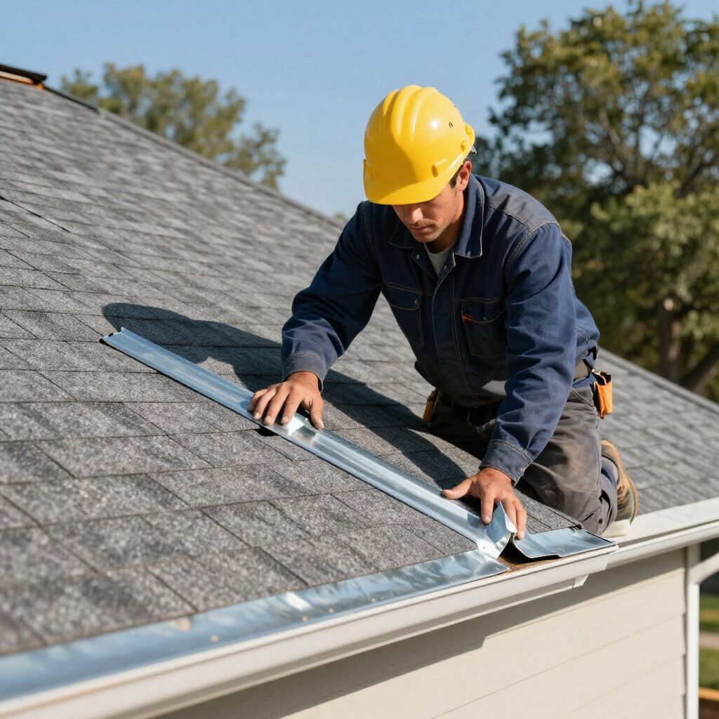 Un couvreur portant un casque de chantier jaune installe une gouttière métallique sur un toit en bardeaux gris, à l'extérieur.